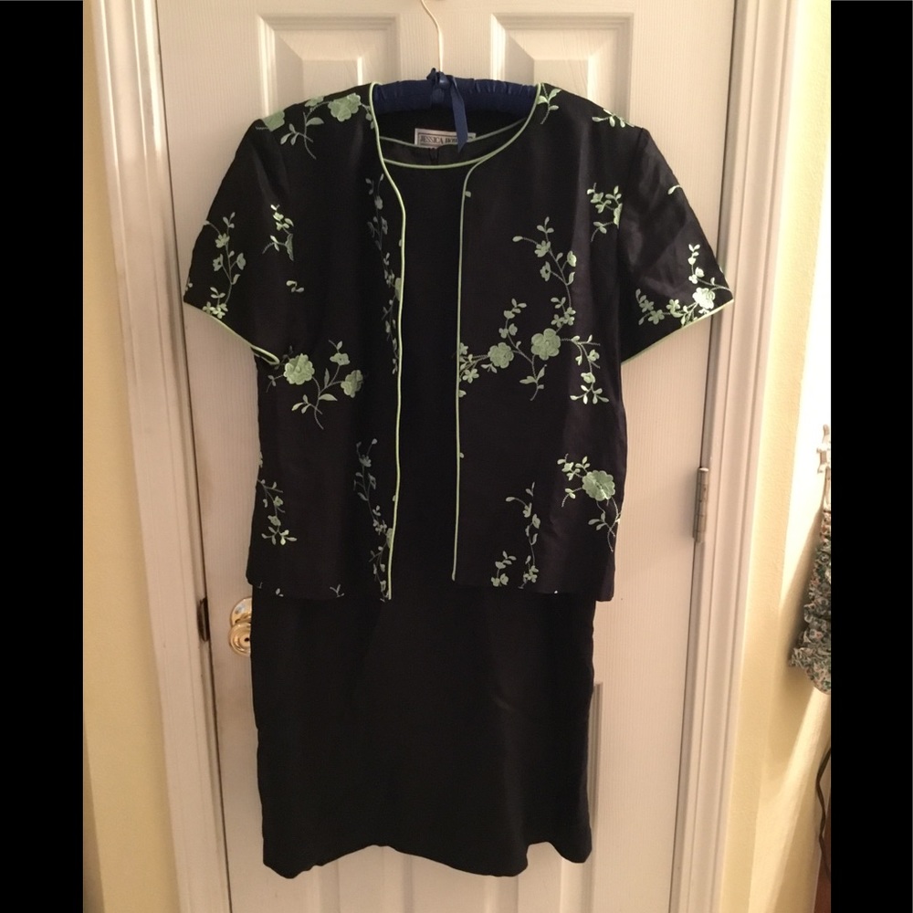 Tow piece Jessica Howard black dress with lime green embroidered flowers.